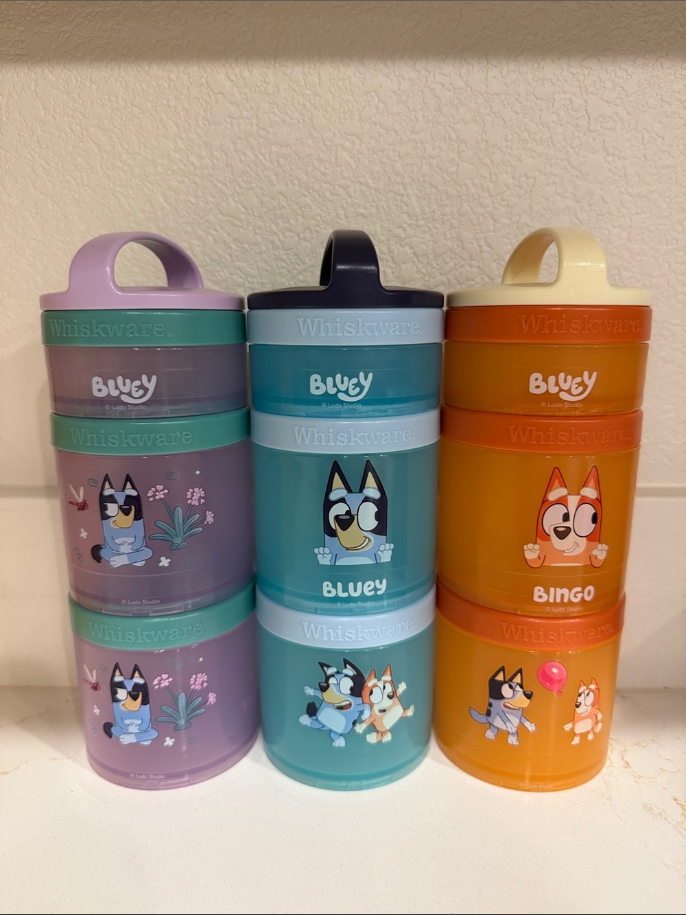 Bluey Stackable Snack Containers - Purple, Teal, Orange